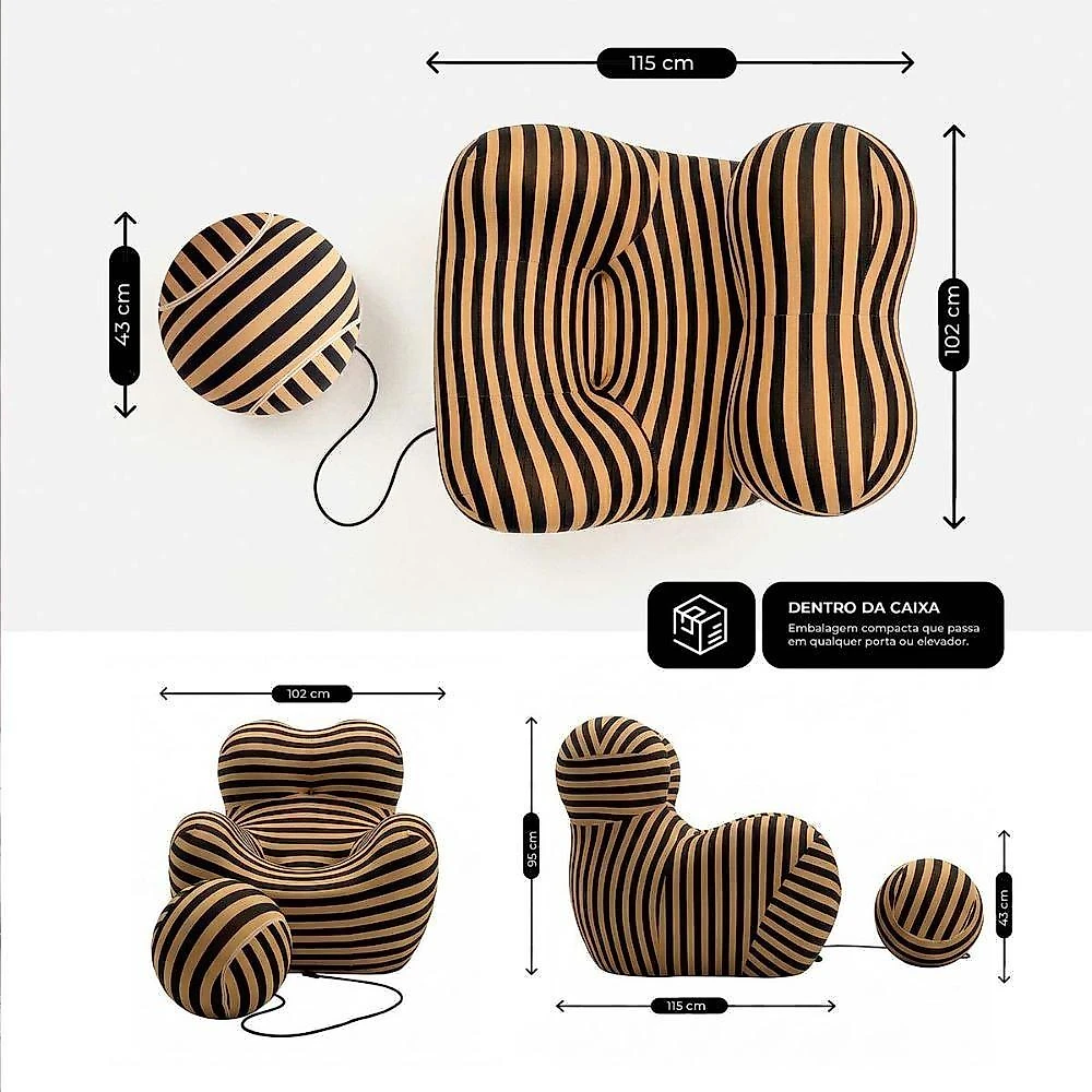 Poltrona Vortex Com Puff Listrada Design Orgânico Statement Compacto Na Caixa - King House