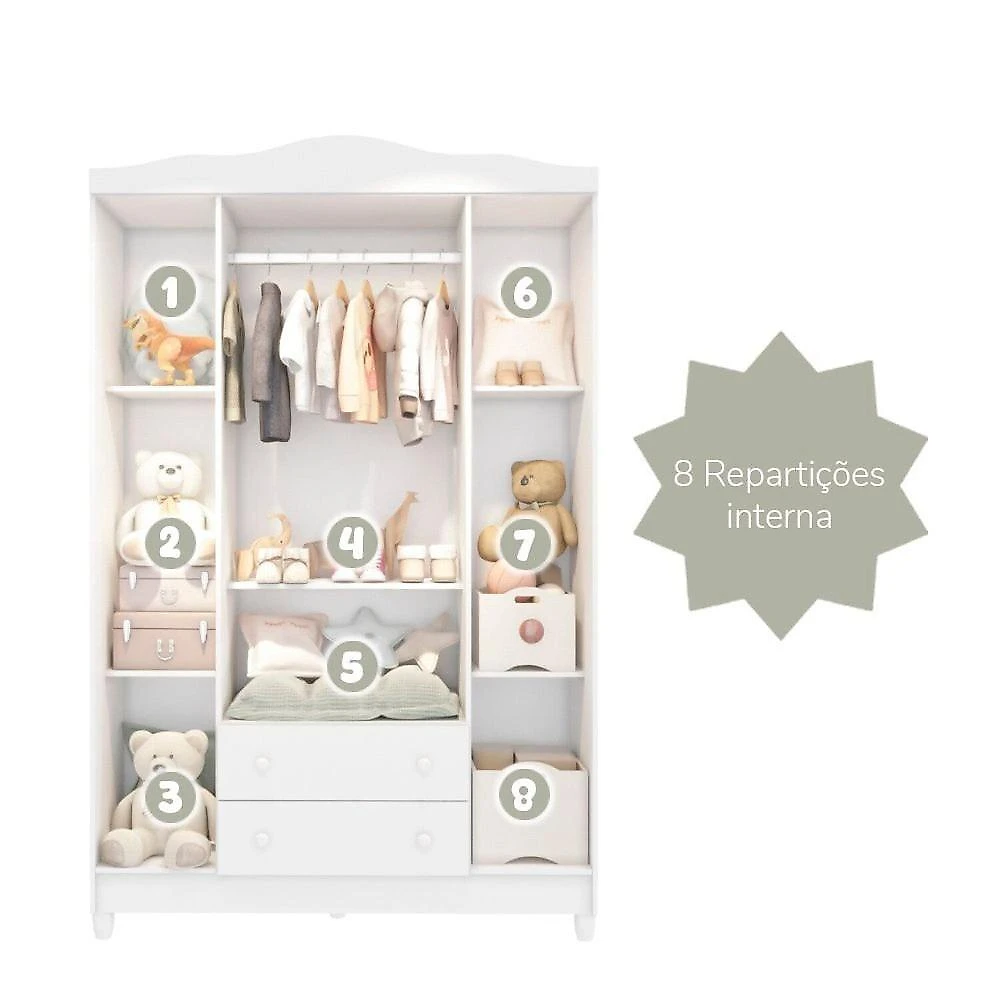 Quarto de Bebê Completo Berço Mini Cama e Guarda-roupa 4 Portas Mirelle Branco