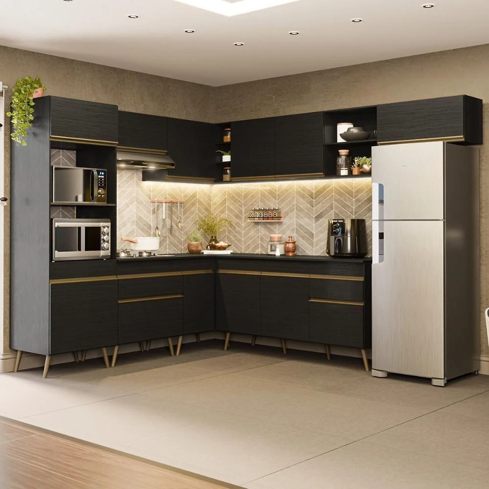 Armário Cozinha Modulada Completa de Canto 12 Portas 2 Gavetas MDP 222CM Preta Multimóveis
