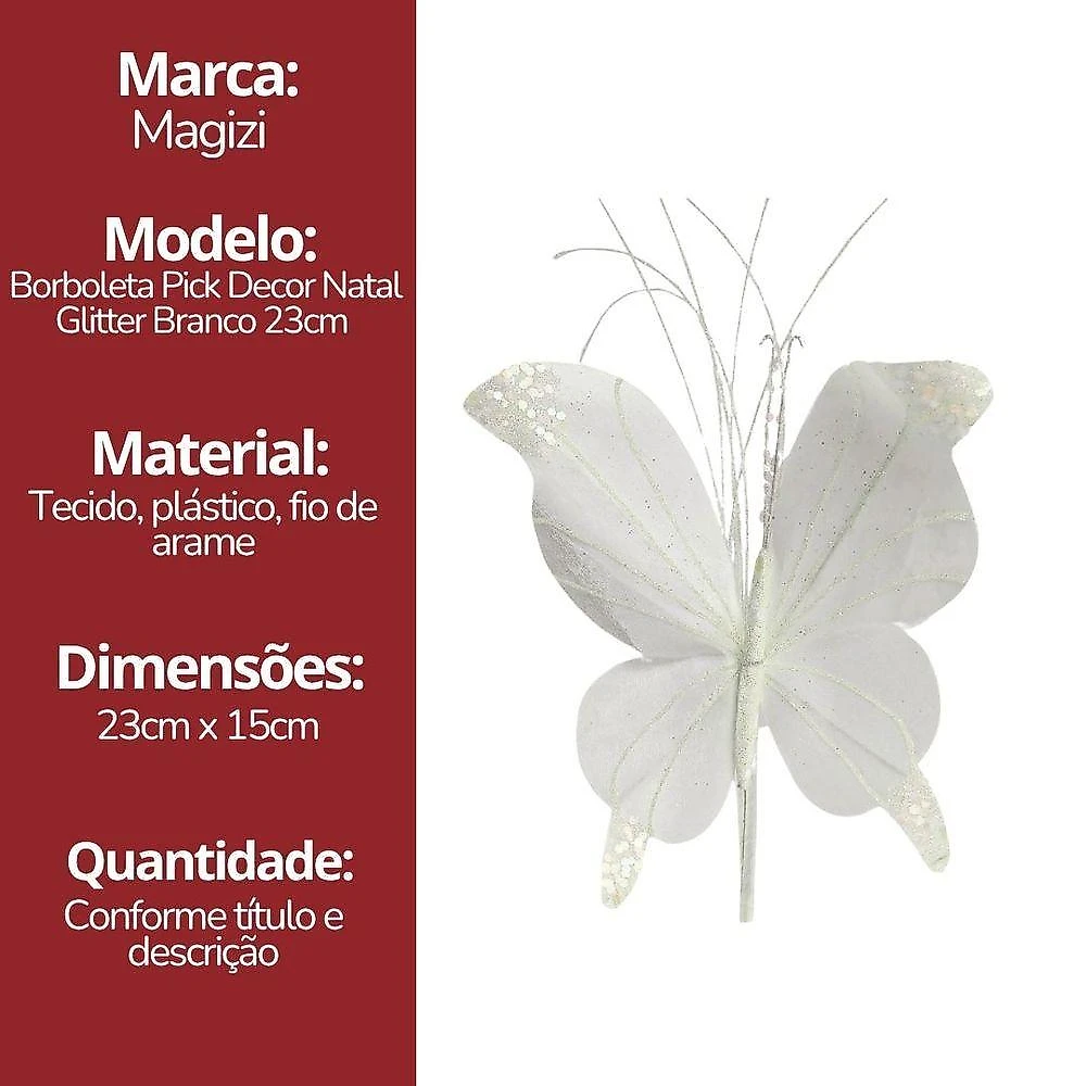Kit 3 Borboletas Pick Natalina Tecido e Ferro e Glitter 23CM Branco Yangzi