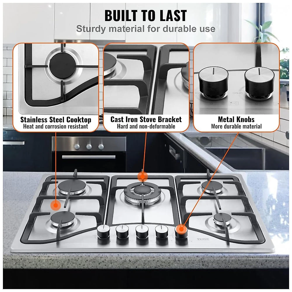 Cooktop a gás 5 bocas VEVOR inox escovado embutir conversível GN/GLP com5 Queimadores, Aço Inox, Segurança com Termopar, Alta Eficiência 110V