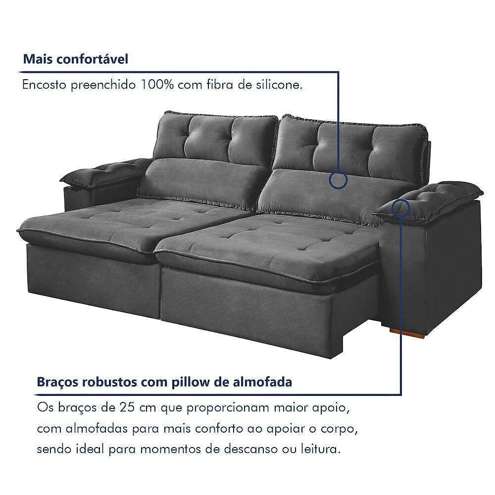 Sofá Toronto 3 Lugares Retrátil e Reclinável 200CM Cinza