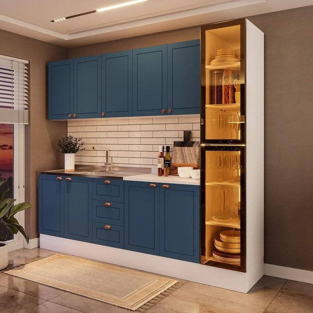 Cozinha Pérola com Rodapé 7 Peças com Cristaleira Yescasa  Azul