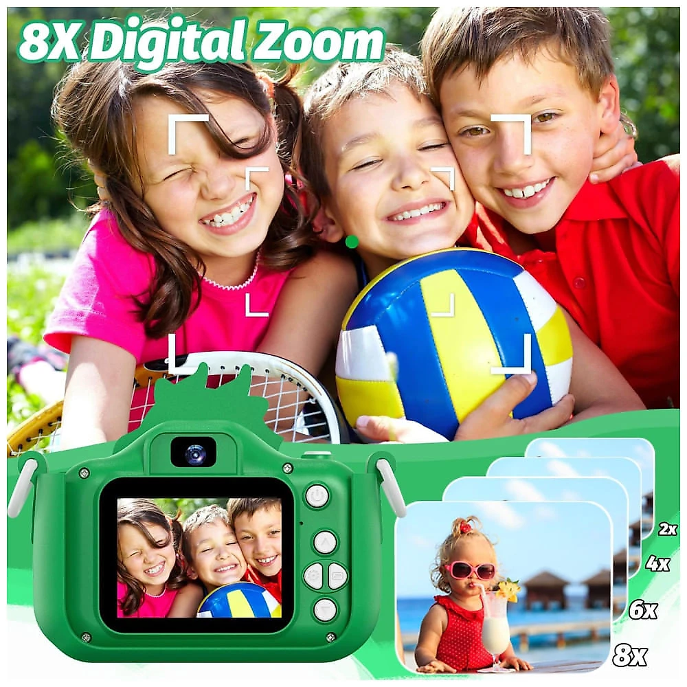 Câmera Selfie Infantil Goopow verde para meninas/meninos de 3 a 9 anos, digital com capa protetora e cartão SD 32GB incluso, 11 x 19 x 3 cm, 0,5 kg.