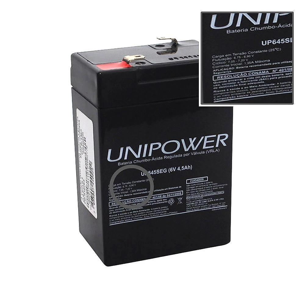 Bateria UP645SEG 6V 4.5AH Selada para Segurança e Nobreak Prata Unipower
