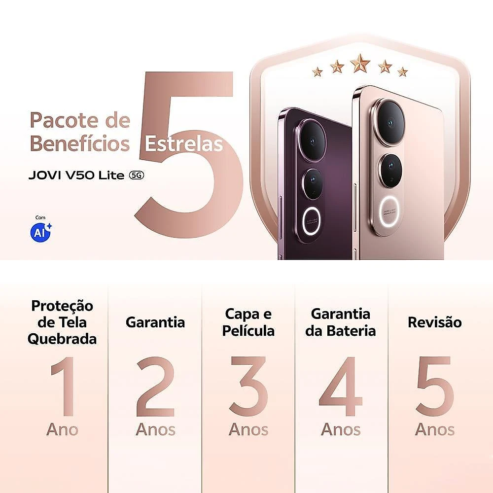 Smartphone jovi v50 lite 5g eclipse 256gb, 8gb ram, dimensity 6300, tela amoled 6.77" 120hz, câmera traseira 50mp, android 15 e ip65