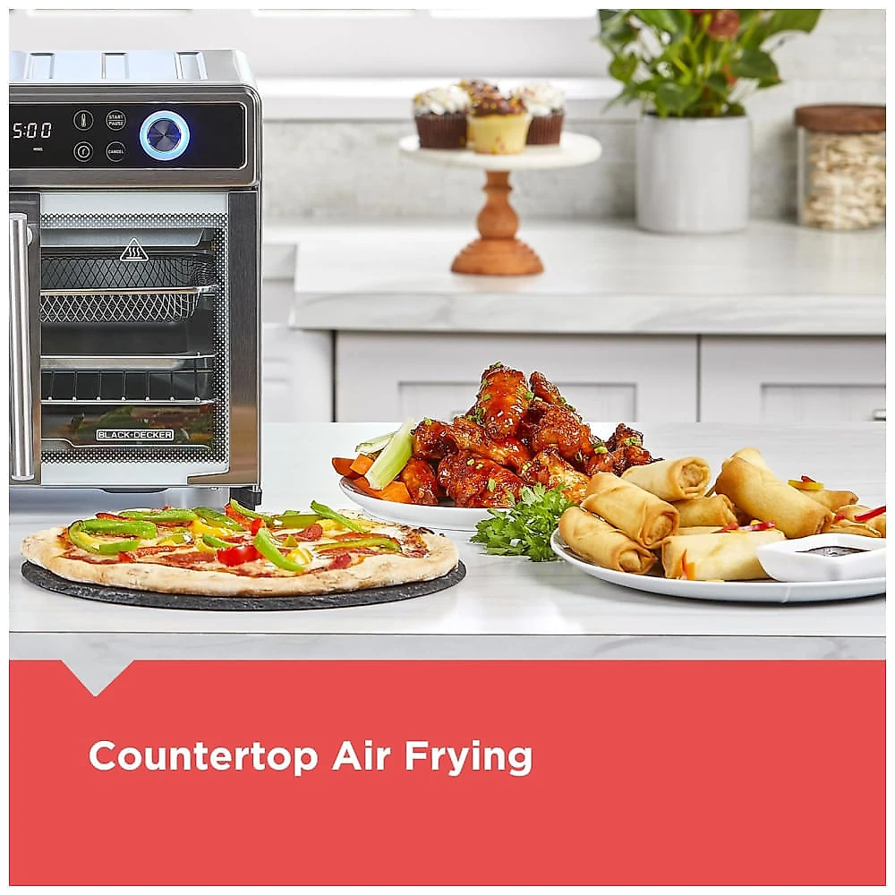 Forno Eltrico de Bancada em Ao Inoxidvel com 12 Funes de Cozimento, Temporizador, Funo Air Fryer e Display LED, 110V 1650W, BLACK DECKER TO62D5, Prata 110v