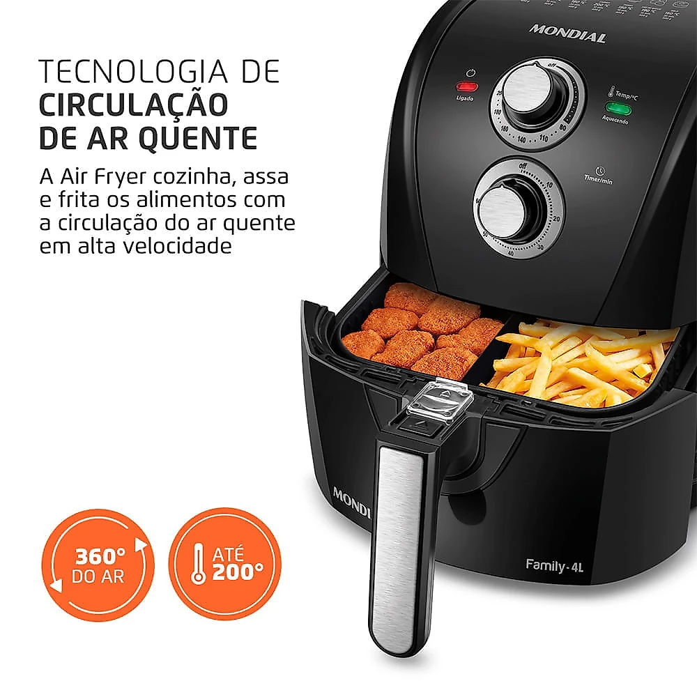 Fritadeira Sem Óleo Com Divisória Air Fryer 4L Mondial Preto/Prata 1500W - AFD-40-BFS 127V