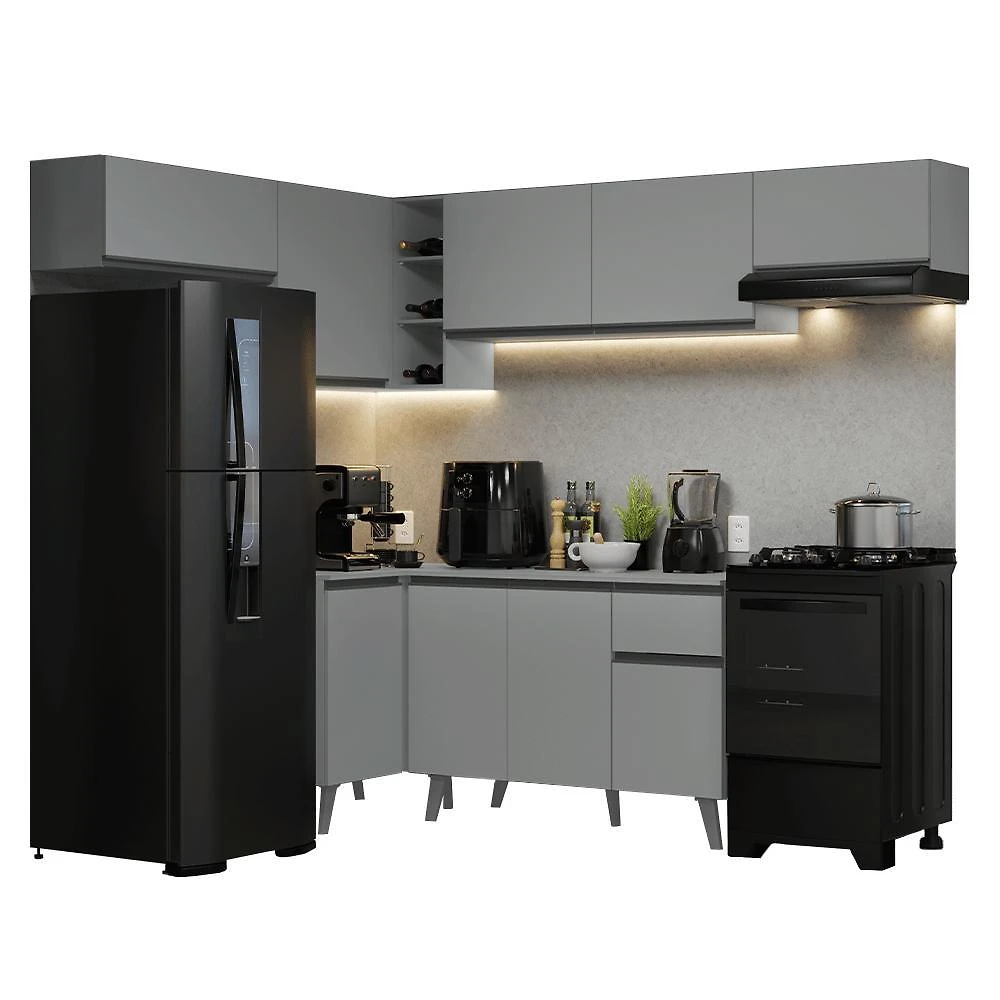 Armário de cozinha completa de canto 405cm cinza nice madesa 02