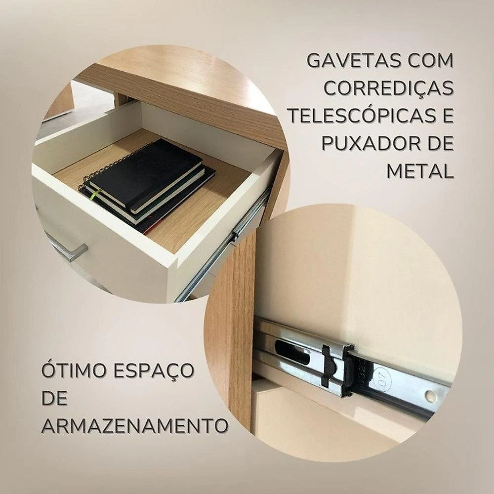 Conjunto Mesa Escritório Tamburato com Gavetas Lado Direito e Mesa de Apoio Carvalho / Branco