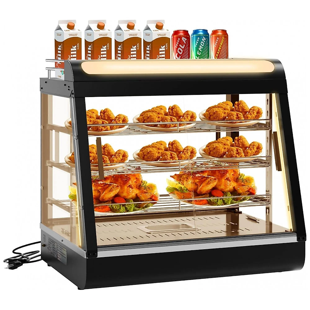 Aquecedor de Alimentos Countertop Whalefall Preto Suporte Superior Iluminação Tri-Cor Termostato Ajustável 69 cm 110V 1200W para Cafeterias