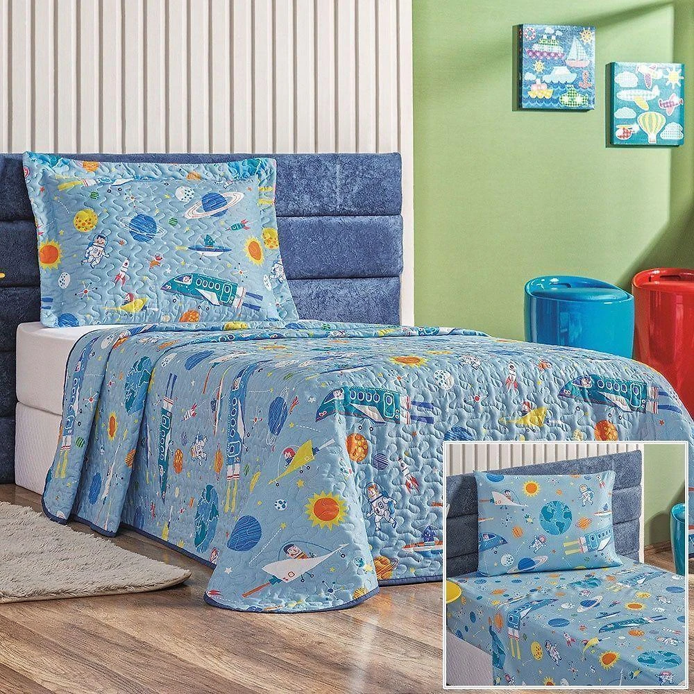 Kit Colcha + Jogo De Cama Bouti Kids Solteiro Infantil 5 Peças 100% Poliéster - Astronauta