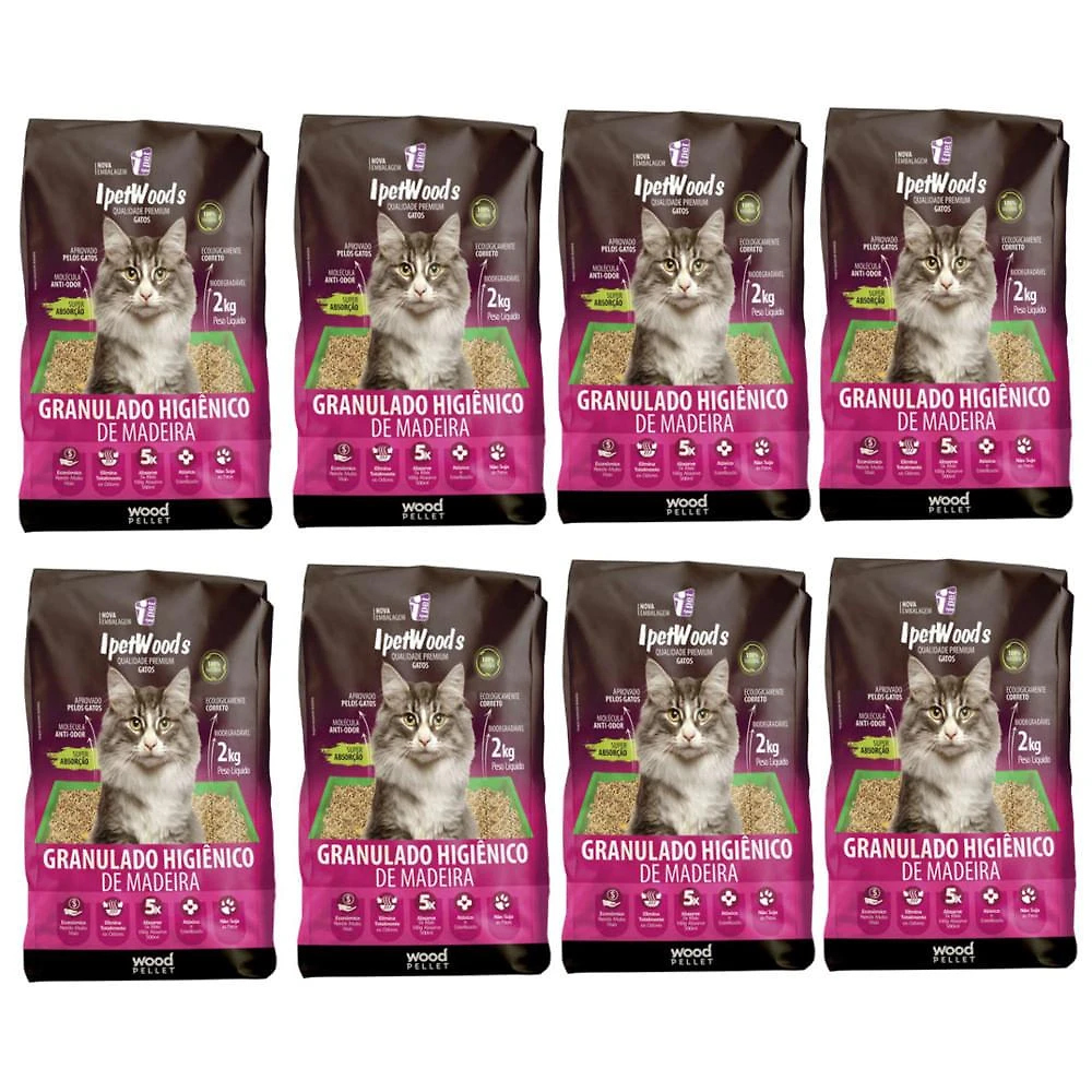 Kit Granulado Higiênico de Madeira para Gatos 8 pacotes de 2kg - IPETWOODS