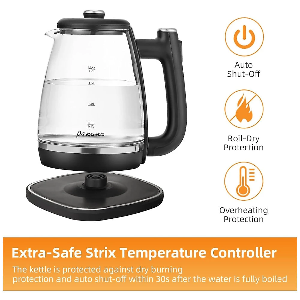 Chaleira Elétrica Panana, 1,8L, 1200W, Tampa Interna de Aço Inoxidável Removível para Limpeza Fácil, Desligamento Automático, Livre de BPA