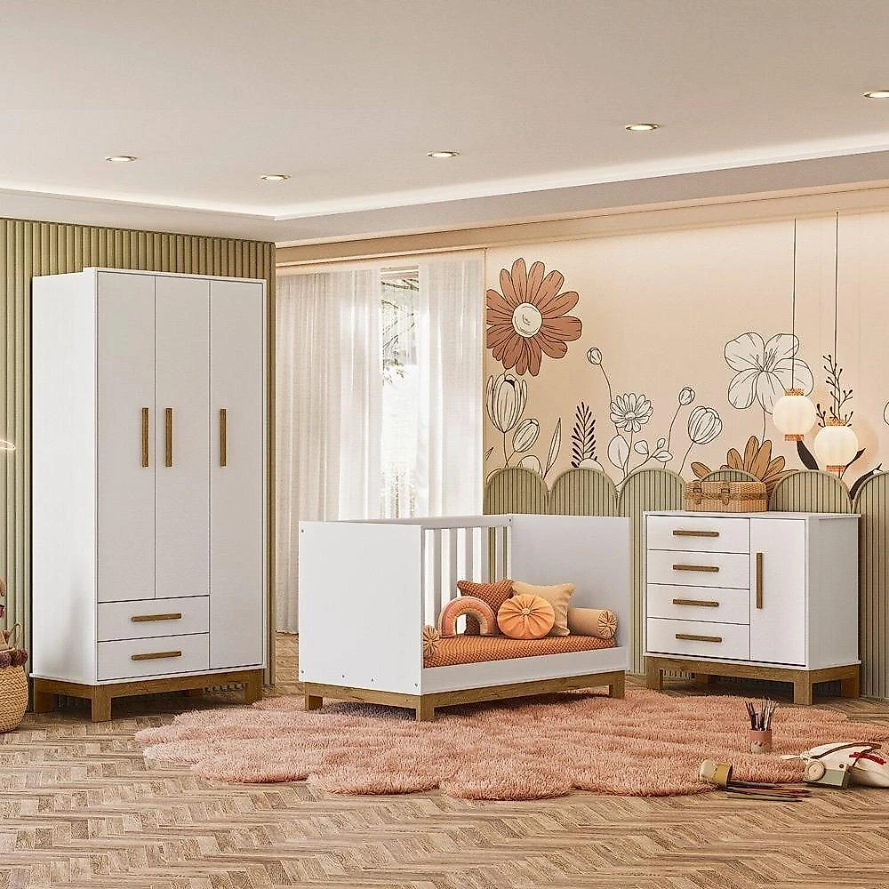 Quarto para Bebê Completo 3 Peças Guarda-Roupa, Cômoda e Berço Encanto Slim Conjunto para Quarto de Bebê Encanto Slim Branco Acetinado