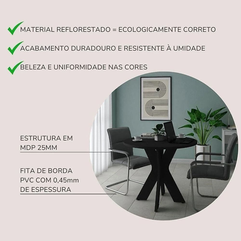 Kit 2 Peças com Mesa Redonda para Home Office ou Reuniões e Balcão Multiuso com Nicho Preto