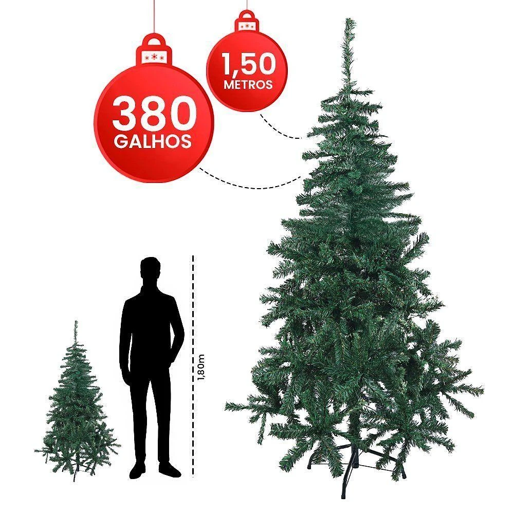 Árvore de Natal Luxo 1,50m 380 Galhos Base em Ferro Pvc Montagem Fácil para Sala