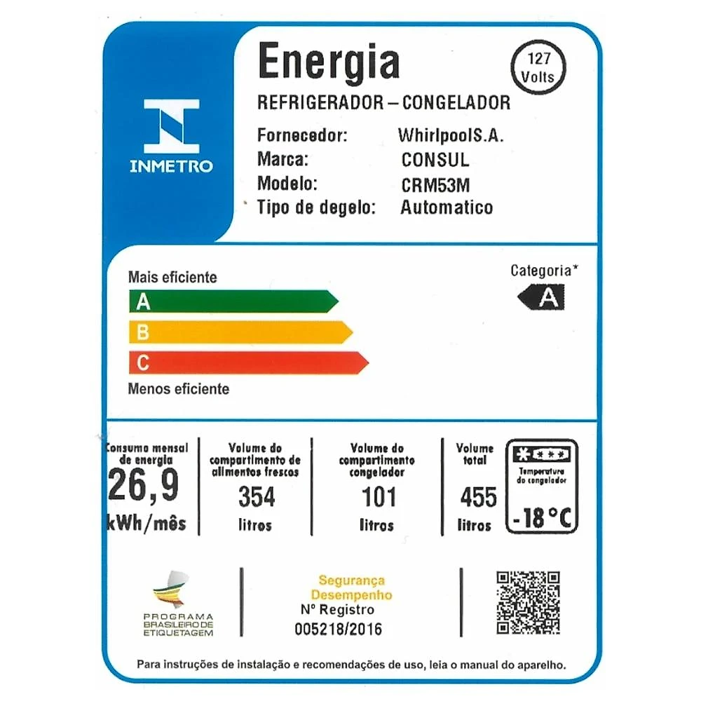 Geladeira Consul Frost Free Duplex CRM53MB, 455 Litros, Branca - 110 Volts