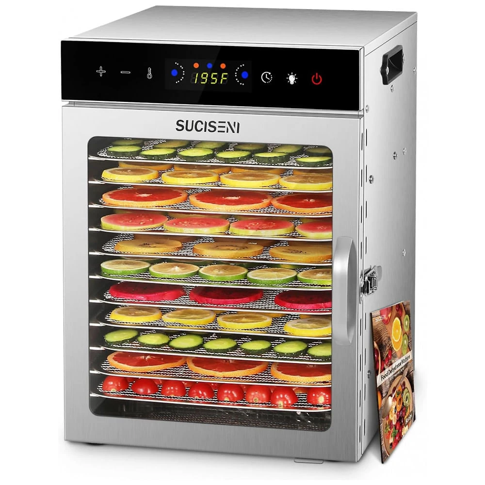 Desidratador de Alimentos SUCISENI com 12 Bandejas de Aço Inoxidável, 1000W, Timer de 24 Horas e Controle de Temperatura 195°C, Ideal para Jerky