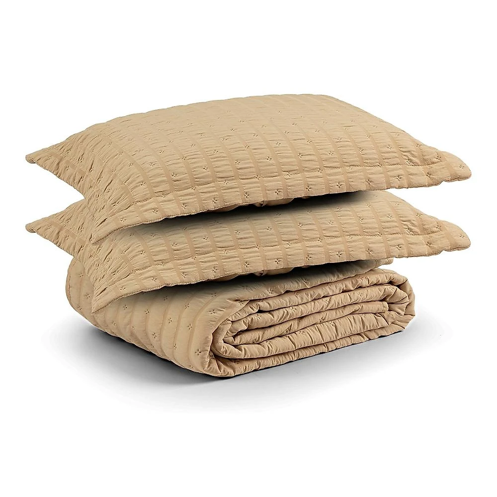Kit colcha cobre leito plissê queen seersucker premium 3 peças maciez e leveza com textura 3d bege mel