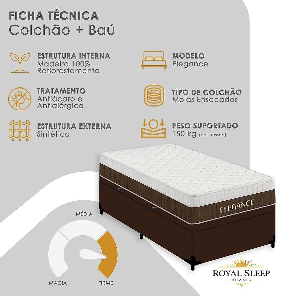 Cama Box com Baú Solteiro Elegance Pillow Top Molas Ensacadas Suede Marrom Royal