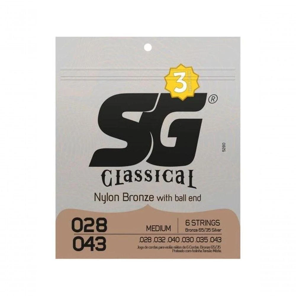 Encordoamento para Violão Triple Pack SG Strings 0.28 Nylon Medium com Bolinha Bronze SG Strings