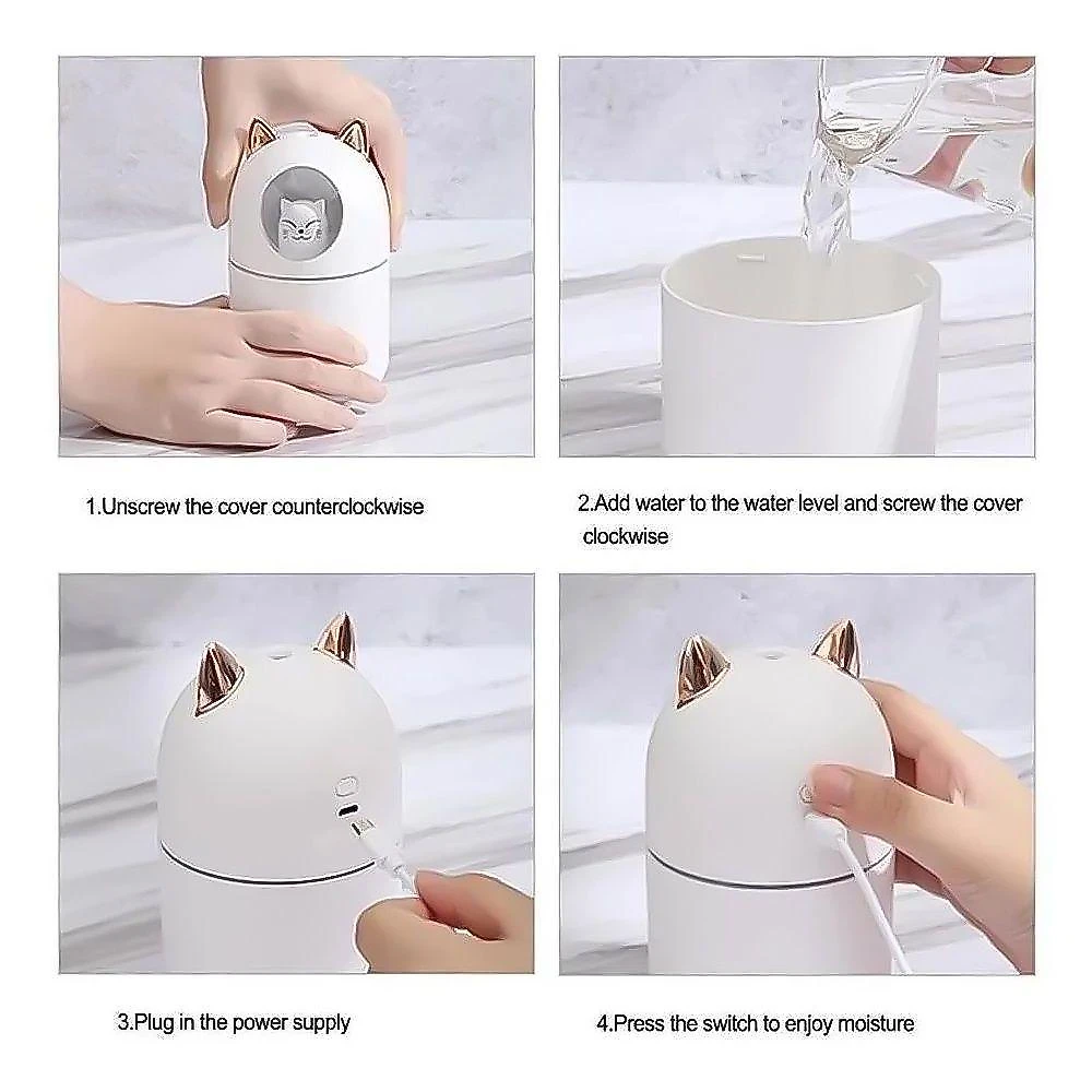 Umidificador Aromatizador Difusor Infantil Gatinho Luz Rgb - Com Luz Rgb E Desligamento Automático - 300ml