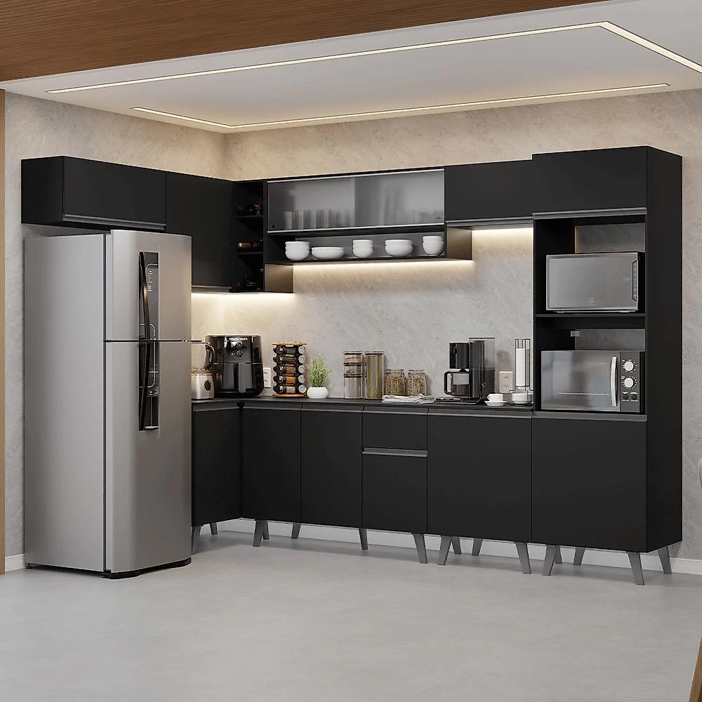 Armário de cozinha completa de canto 465 cm preto nice madesa 04