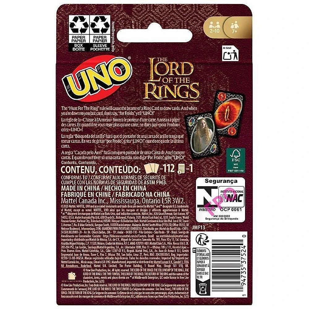 Jogo de Cartas UNO Senhor dos Anéis com Carta Wild Hunt For The Ring Mattel