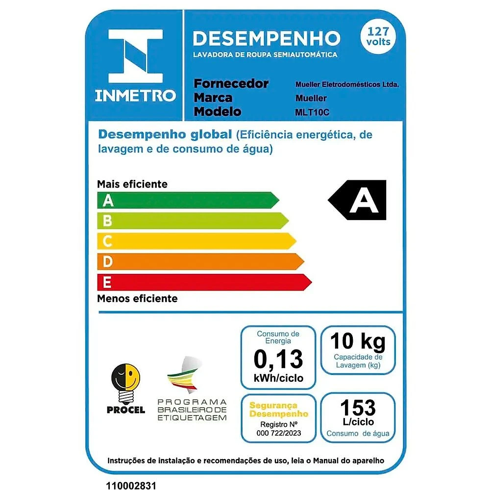 Tanquinho de Lavar Semiautomática 10 kg com Superesfregador MLT10C Mueller Branco - 110V