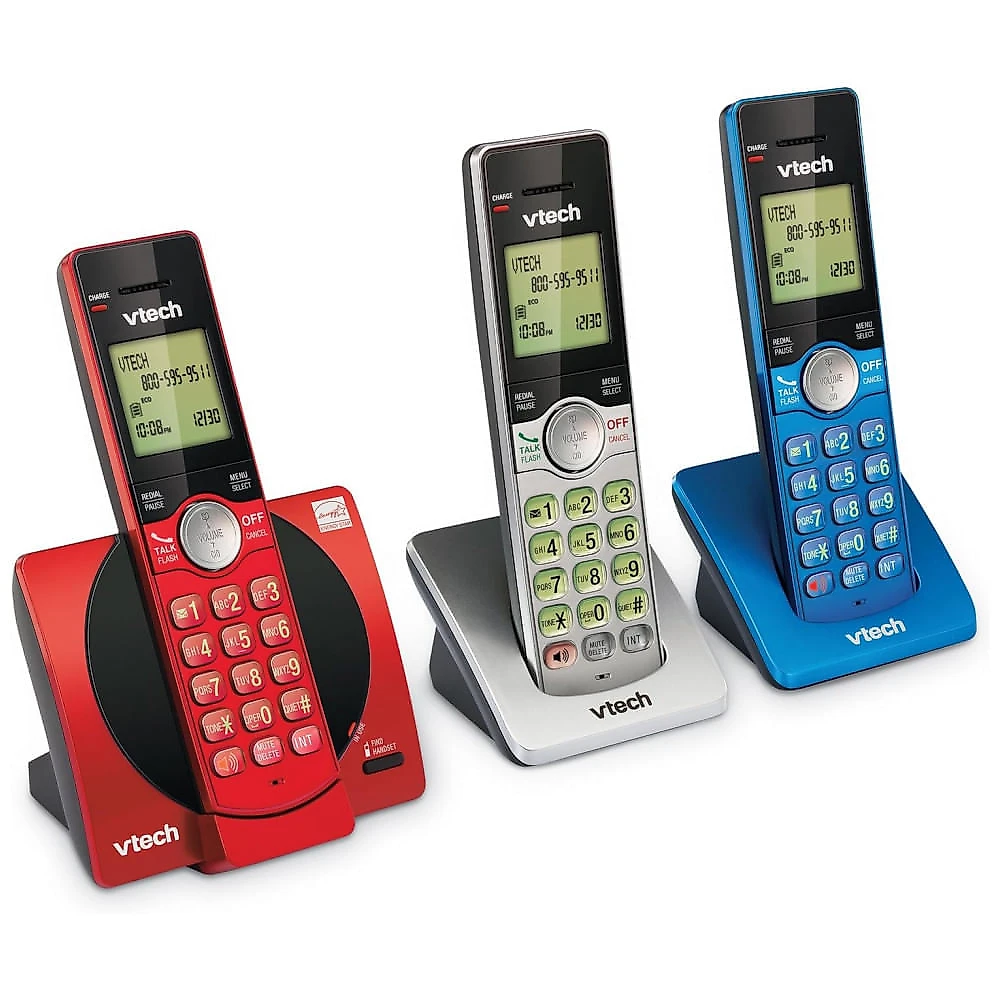 Telefone sem fio VTech com 3 ramais para casa, identificador de chamadas e viva-voz, modo ECO, montagem na parede - Vermelho/Azul/Cinza