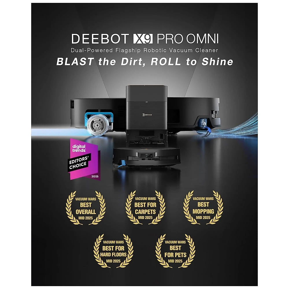 Robô Aspirador ECOVACS DEEBOT X9 PRO OMNI Preto 16.600Pa com Mop Autolimpante e Estação Base
