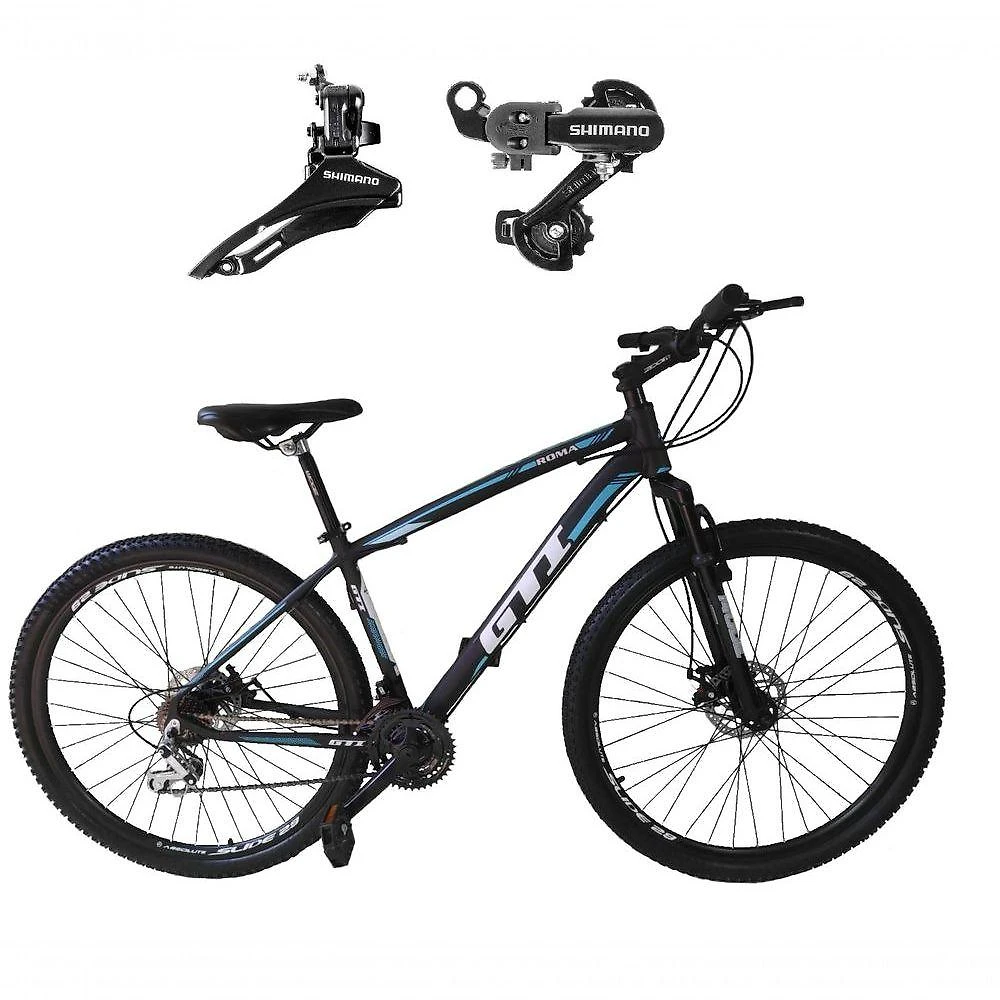 Bicicleta Aro 29 Gti Roma 21v Freio Disco Câmbios Shimano Garfo Suspensão - Preto-azul Tam.15