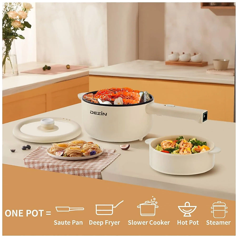Panela Elétrica Dezin, 2 Litros Antiaderente, Cozinheira Rápida para Macarrão, Steak, Ovo, Arroz Frito, Ramen, Aveia, Sopa com Ajuste de Potência