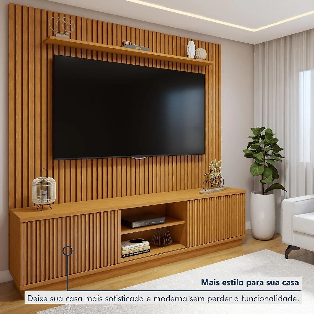 Rack com Painel para TV até 75 Polegadas Ripado 100% MDF sem Led 220cm Paris Arezzo Conjunto Rack Arezzo 220cm com Painel Ripado para Tv de até 75 Polegadas Paris Naturalle