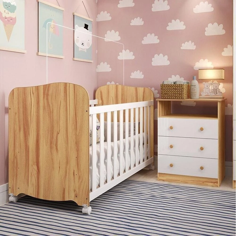 Quarto de Bebê com Cômoda 3 Gavetas e Berço Americano 100% Mdf Teka Espresso Móveis