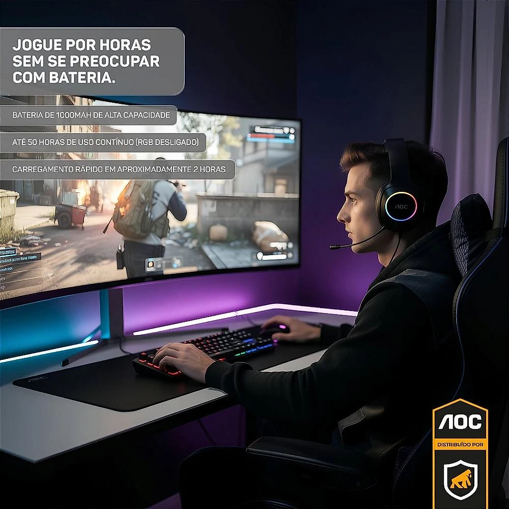 Headset Gamer Sem Fio 2.4G + Bluetooth - RGB, Microfone, Baixa Latência – Preto - AOC