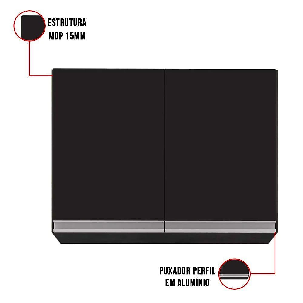 Armário Aéreo De Cozinha 02 Portas Eva 80cm Preto