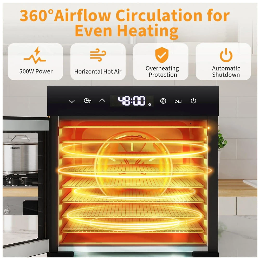 Desidratador de Alimentos DUMOS Preto 500W 8 Bandejas Aço Inoxidável Timer 24h 240V