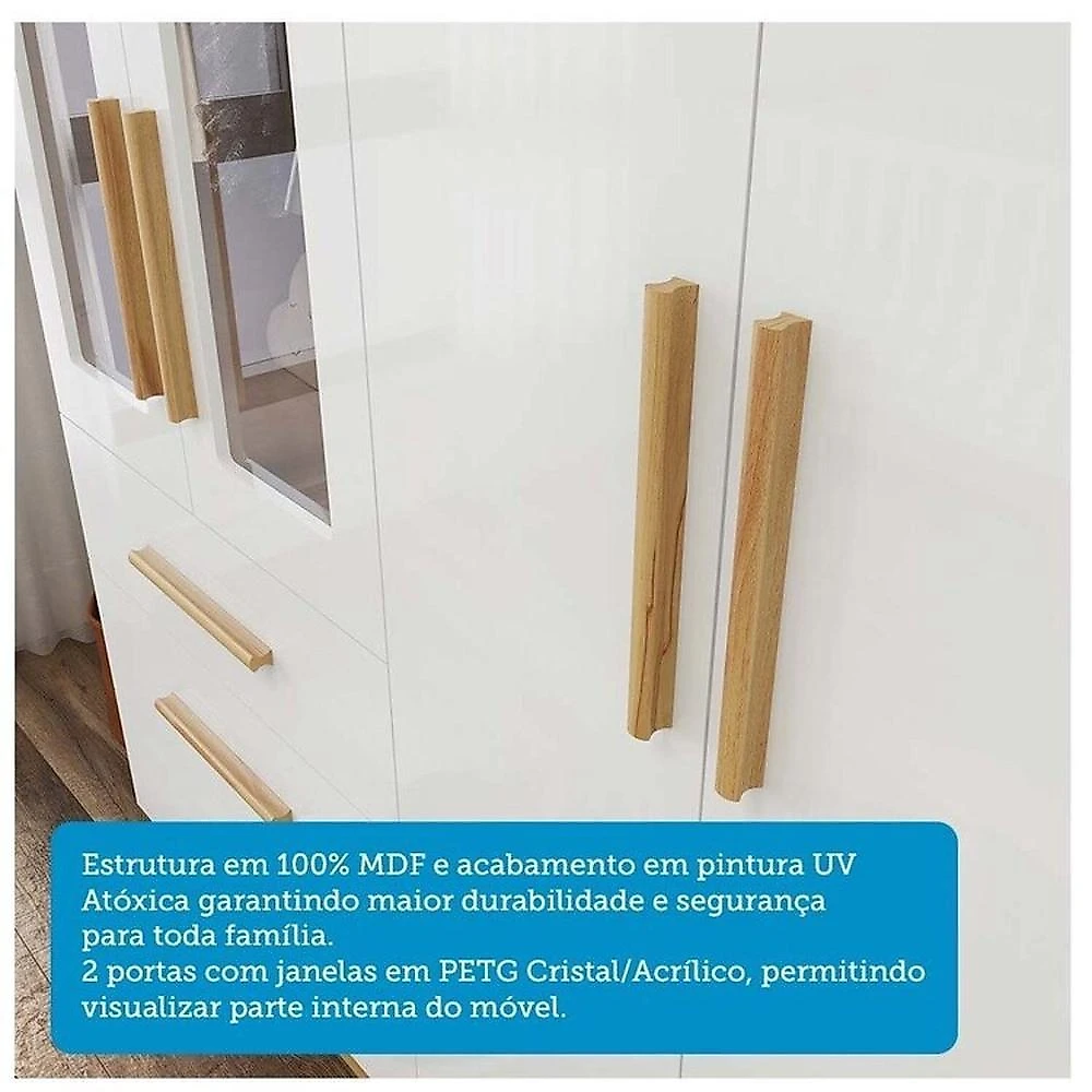Quarto de Bebê com Berço Guarda-roupa e Cômoda com Janelas 100% Mdf Retrô Kakau Espresso Móveis Branco Brilho/Amêndoa