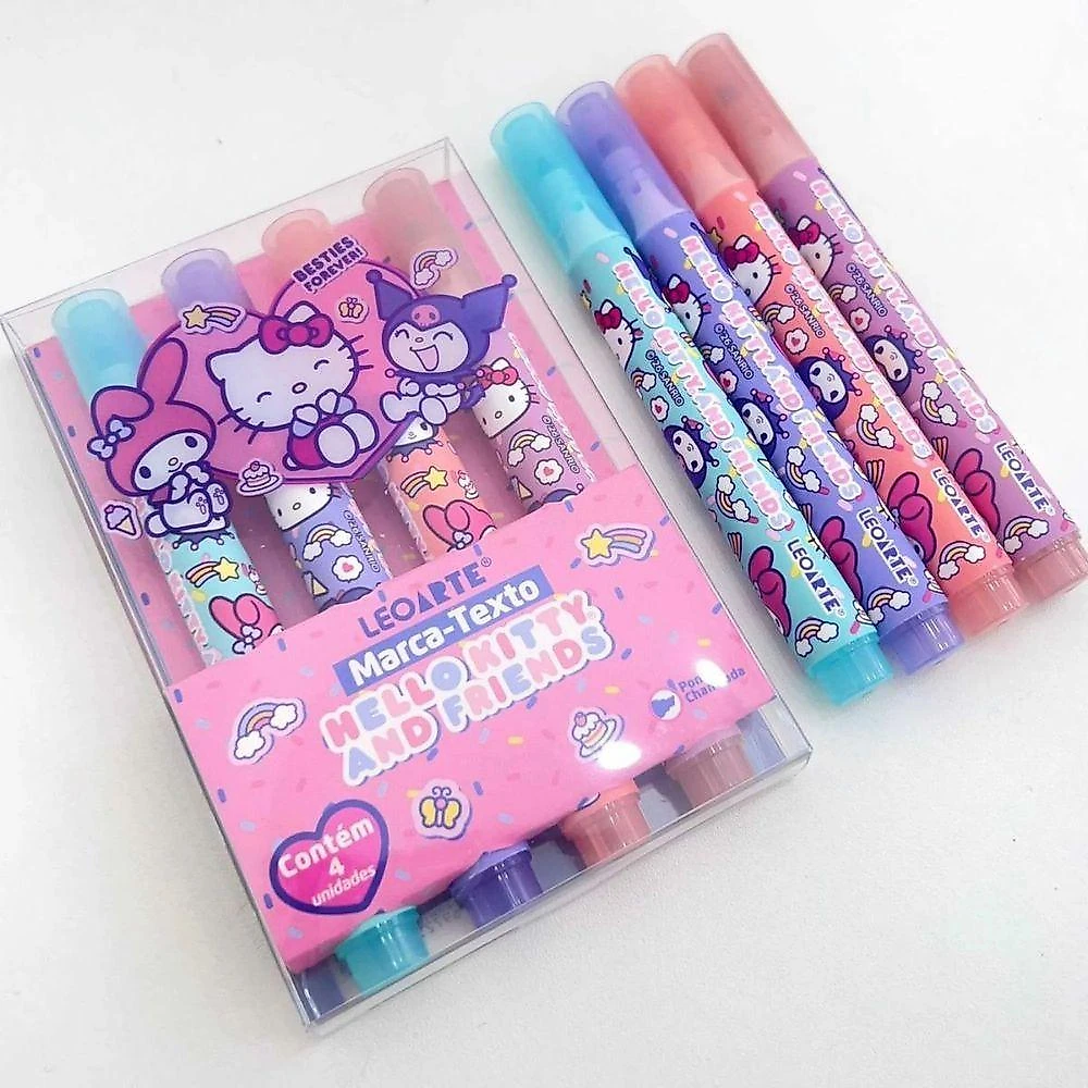 Marca Texto Leoarte Hello Kitty e Amigos Estojo com 4 Cores Coloridas