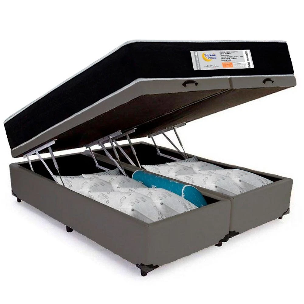 Cama Box Baú Queen Bipartido Sintético + Colchão Molas Ensacadas Sereneprime Sonnolux 158x198x69 Cinza