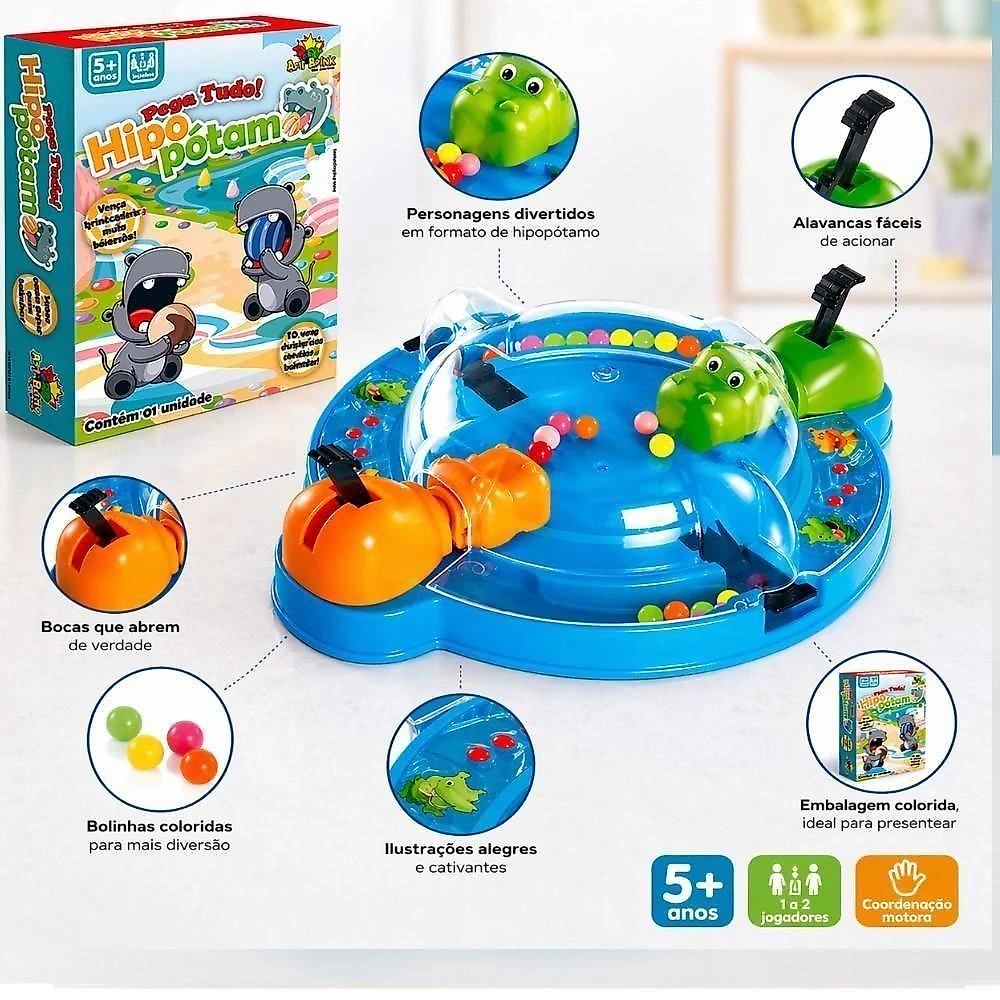 Jogo Infantil Hipopotamo Pega Tudo Brinquedo Interativo com Bolinhas Educativo Familia Plastico