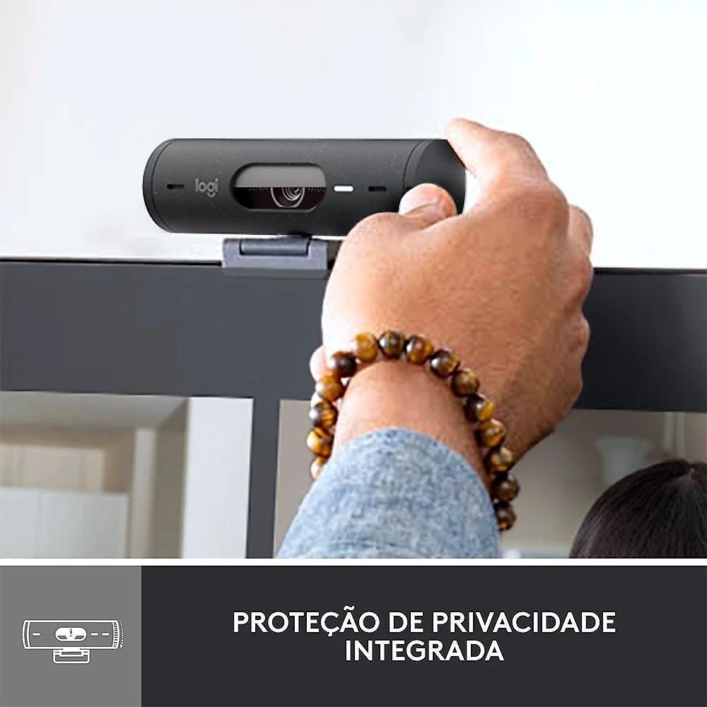Webcam + Suporte Logitech Brio 500 Full HD, 1080p, 30 FPS, com Microfones Duplos, USB, Suporte Incluso, Grafite - 960-001412
