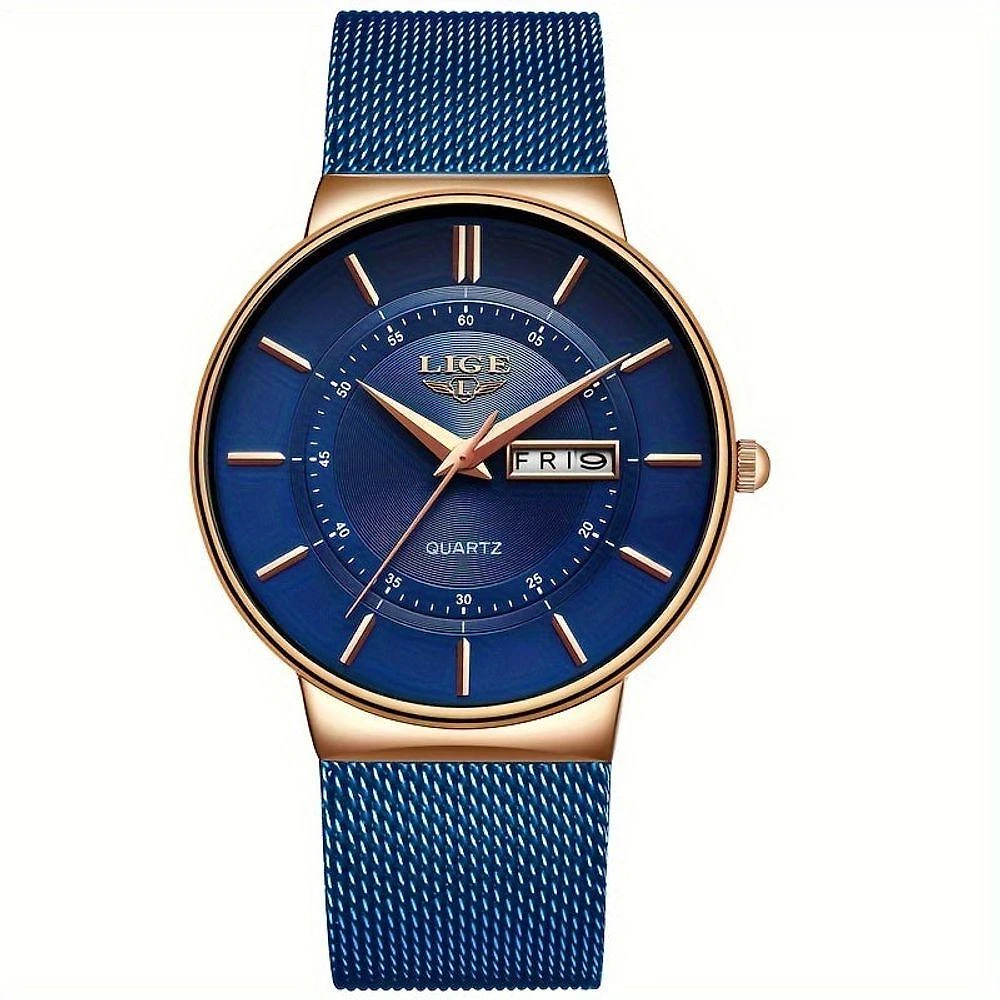 Relógio De Quartzo Lige Com Pulseira De Aço Inoxidável Azul