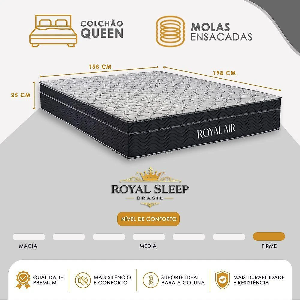Cama Box Queen Royal Air Pillow Top Molas Ensacadas Suede Preto