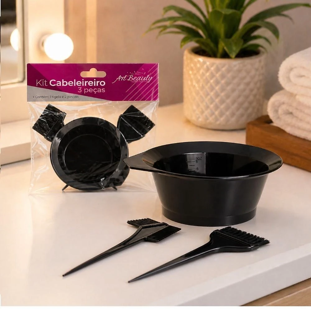 Kit Cabeleleiro 3 Peças para Coloração de Cabelo com Pote Pincel Pente Profissional Reutilizável