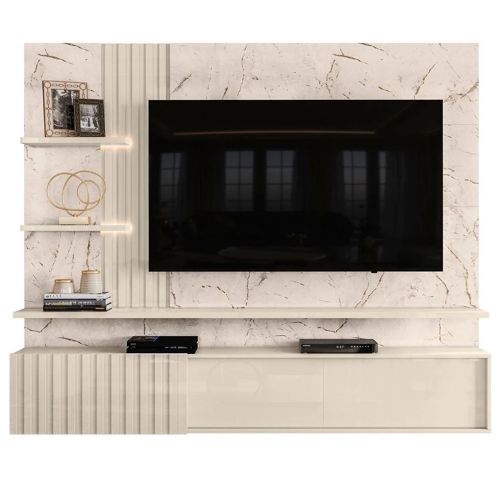 Home Theater Verona para TV 65 Polegadas 200CM MDP Ripado Frisado com Fitas de LED Calacata Off