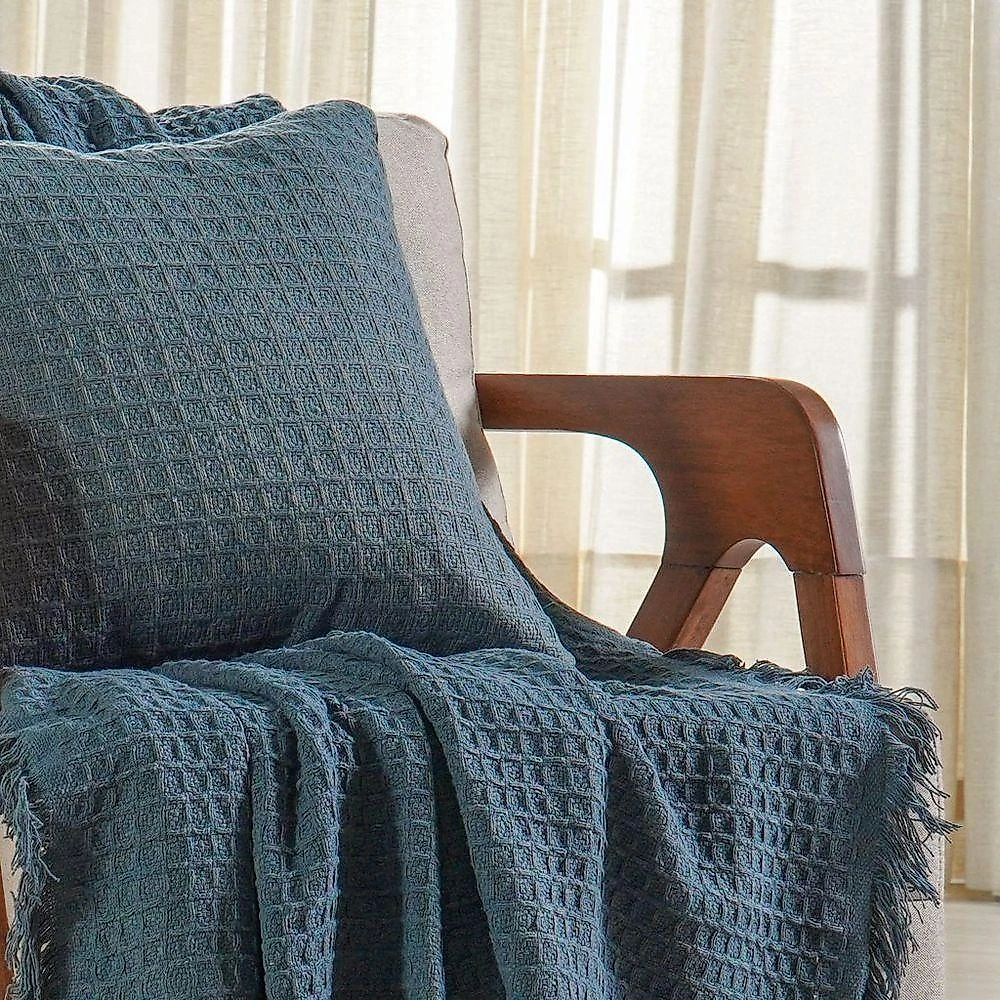 Kit Manta E 2 Capa De Almofada Decorativa Para Sofá Waffle 100% Algodão 120x150cm Azul Cobalt