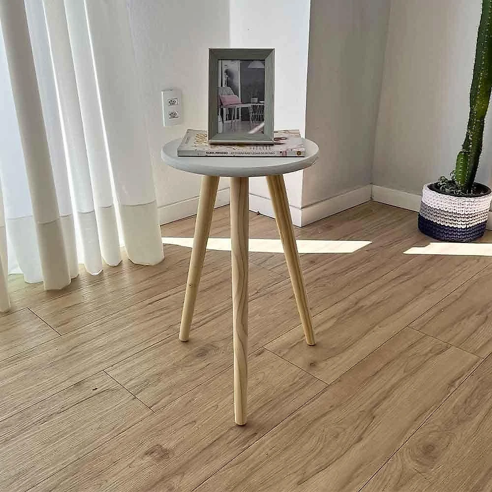Mesa Lateral Redonda Pé Palito MDF Madeira 30CM Branco e Natural